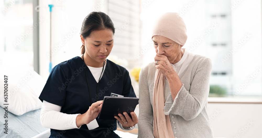 Sticker Tablet, nurse and woman with cancer patient, elderly and hospital consultation for wellness. Tech, happy and medical professional with sick senior person coughing for advice, healthcare or support