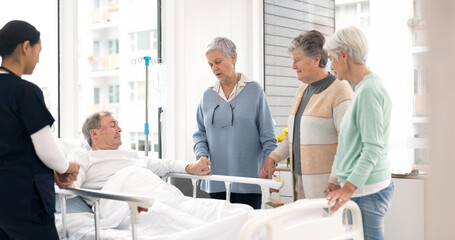 Hospital, prayer and women visit man for comfort, care and support for wellness, service and...