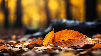 Colorful leaves in autumn decorate wide blurred background in forest
