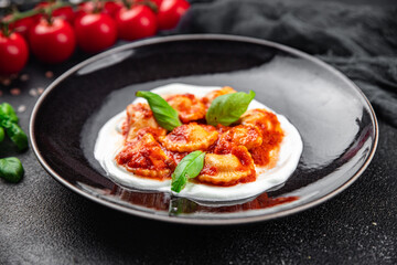 ravioli tomato sauce italian food meal snack on the table copy space food background rustic top view