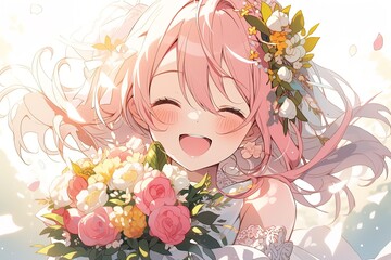 portrait of pretty happy young woman bride with pink hair and wedding bouquet of flowers in anime style