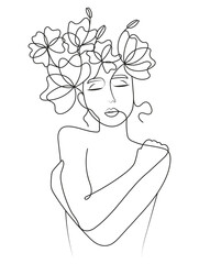 Woman Hugging Herself with Flowers on her Head as a Garden or a Crown in Minimal One Line Art Drawing