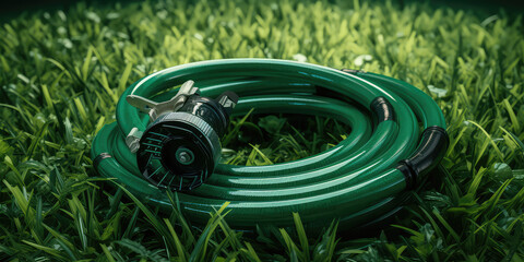 A green water hose connected to a meter lying on grass. Horizontal irrigation banner for garden and lawn areas.