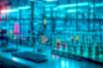 Abstract illustration background. Blurred modern laboratory for pharmacy scientific research. workplace or work space of table work in office with computer.