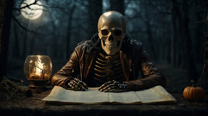 A skeleton sits at a table in a dark forest at night and writes. There is a full moon behind him. There is a pumpkin on the table. Halloween concept