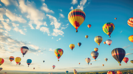 Fototapeta premium Festival of hot air balloons in flight. Beautiful hot air balloons of different colors floating in the blue sky, wallpaper. 