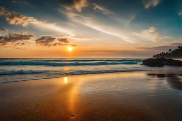 Fototapeta na wymiar the cinematic wide-angle scene, beach sunset scene - AI Generative