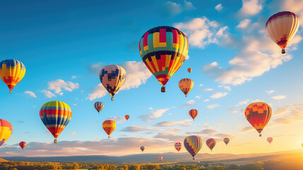 Obraz premium Festival of hot air balloons in flight. Beautiful hot air balloons of different colors floating in the blue sky, wallpaper. 