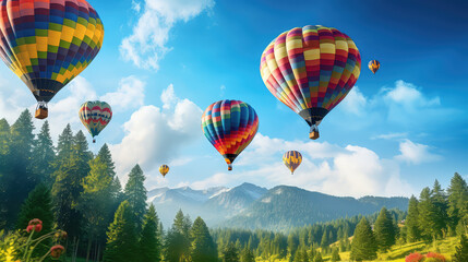 Obraz premium Festival of hot air balloons in flight. Beautiful hot air balloons of different colors floating in the blue sky, wallpaper. 