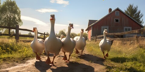 Geese walking on the farm.