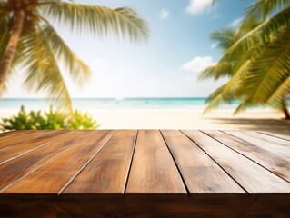empty wooden table in modern style for product presentation with a blurred tropical beach in the background