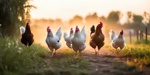 Chickens walk around the farm. - Powered by Adobe