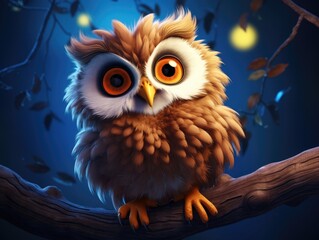a cute and happy owl with eyes wide open in cartoon style
