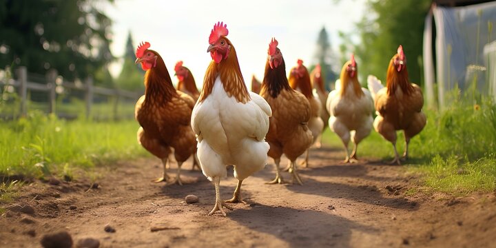 Chickens walk around the farm.
