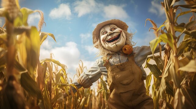A creepy scarecrow in a cornfield.