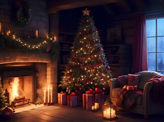 Fototapeta na wymiar Christmas eve in a cosy rustic home, decorated living room with christmas tree, gifts, chimney, fire place, garlands New year greeting card, postcard.