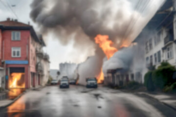 Abstract Burred background illustration. Damage from fire accidents. Inferno Unleashed. The Smoke and Devastating Blaze. Home house building fire incident for insurance business advertisement.