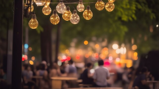  ストリートバーや屋外レストラン、カフェテラス、夕方、背景のボケ味｜Street bar or outdoor restaurant, cafe terrace, evening, bokeh background. Generative AI