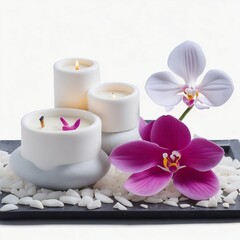 Fototapeta na wymiar Elegant Home Decor: White Orchid, Candle, Stones on Transparent Background. Wellness Concept.