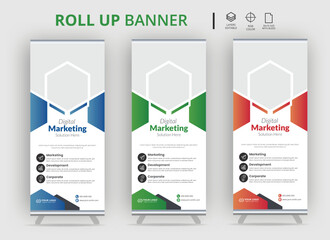 Corporate roll up banner design template, medical, 3d, advertising, background, banner, biochemistry, biology, blue, brochure, business promotion signage standee vector layout,Roll up banner vector t
