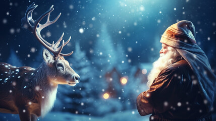 3d santa claus and reindeer. christmas background with copyspace. Christmas background concept. Generative AI.