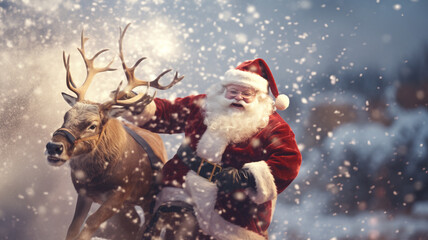 3d santa claus and reindeer. christmas background with copyspace. Christmas background concept. Generative AI.