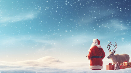 3d santa claus and reindeer. christmas background with copyspace. Christmas background concept. Generative AI.