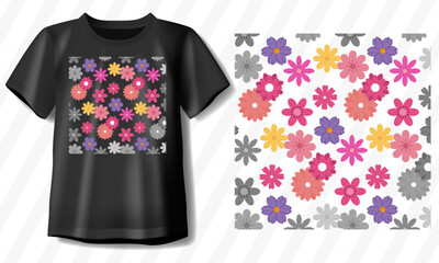 Floral ornament T-shirt design. Seamless patterns, wrapping paper, greeting and business cards, wedding invitations, textiles, t-shirt prints, etc. Seamless flower pattern T-shirt design.