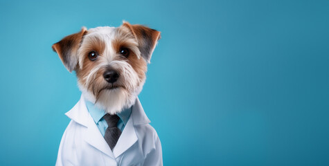 Doctor dog in white medical coat on blue background with space for text