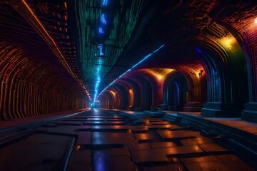 Visualize an underground city with moonlit street lamps and a labyrinth of enchanted tunnels - AI...