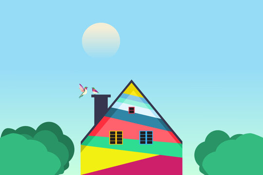 A colorful traditional house in the morning vector illustration. A pair of birds on the roof of the house.