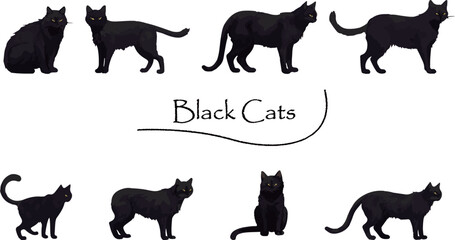 Clip art set of realistic black cat_painting
