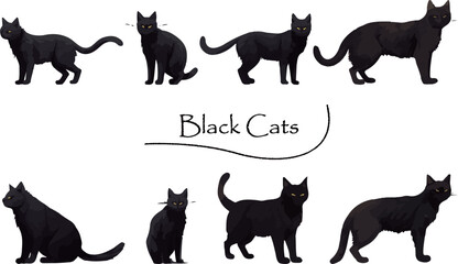 Clip art set of realistic black cat_painting