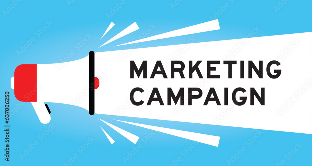 Poster Color megaphone icon with word marketing campaign in white banner on blue background