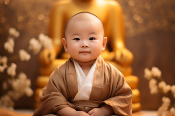 Baby asian buddha portrait at buddhist temple wearing traditional clothing