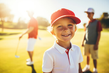 Happy caucasian boy at golfing training lesson looking at camera on golf course