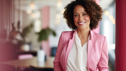 Business woman wearing pink blazer with office background - obrazy, fototapety, plakaty