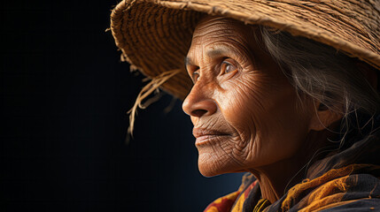 Side portrait of a old rice working woman with hat isolated on black background with copy space - Powered by Adobe