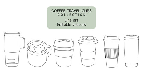 Travel coffee and tea cup and mugs with lid line drawing outline editable vector collection - obrazy, fototapety, plakaty