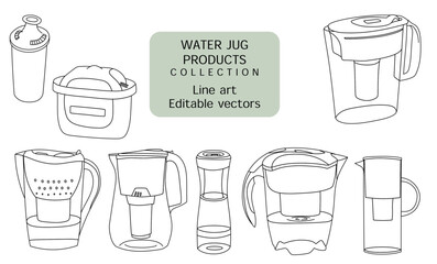 Water filter jug illustration line drawing Brita jug and water filter editable vector collection