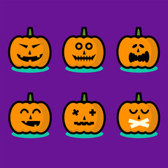 Set of pumpkins for Happy halloween, funny faces. Autumn holidays. Vector illustration.