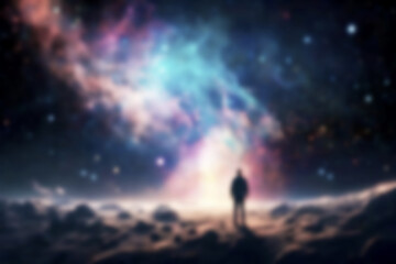 Obraz premium Abstract blurred background illustration. Exploring Astonishing Galaxy. Astronauts Unearth Marvels of planet stars cosmic nebula. Spaceman Space Adventure.