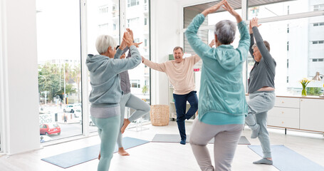 Senior workout, people with coach for fitness, wellness and training together. Happy, gym and...