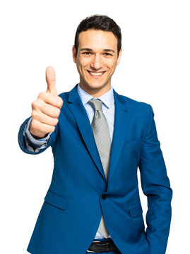Smiling businessman isolated on white giving thumbs up