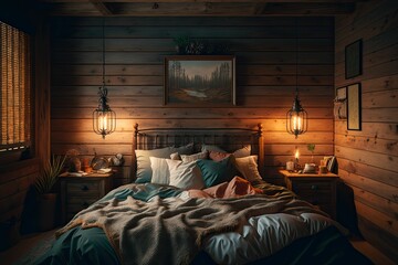 hotel room with a bed. Generative AI.