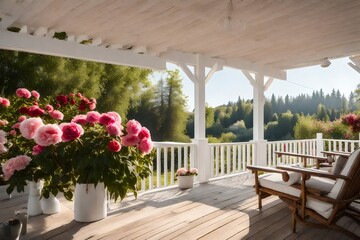 White wood siding country Cottage with large porch, surrounded with roses and peonies - AI Generative