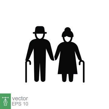 Elderly Couple Icon. Simple Solid Style. Grandparents Holding Hands, Old, Elder, Senior, People Concept. Black Silhouette, Glyph Symbol. Vector Illustration Isolated On White Background. EPS 10.