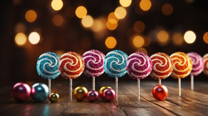 Colorful lollipops on wooden background with bokeh lights