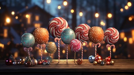 Lollipops and candies on wooden table in front of blurred background