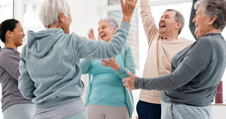Fitness, hands together and senior people for exercise support, celebration and teamwork in workout...